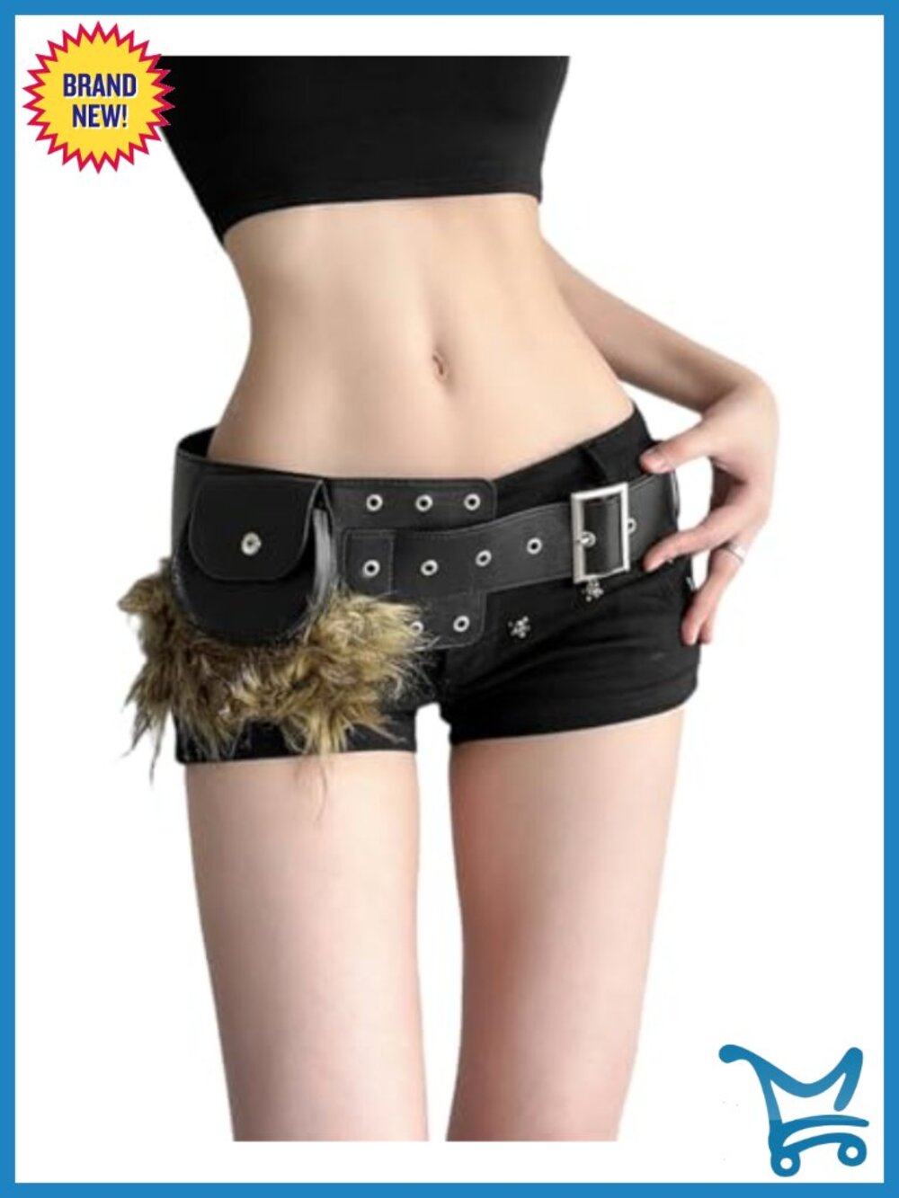 Wide Faux Fur and Leather Belt with Metal Buckle Y2K Punk Grunge Waist Belt
